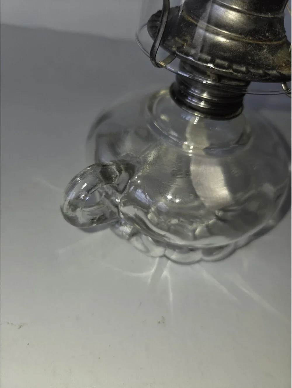 Vintage Lamplight Farms Clear Glass Oil Lamp W/Finger Loop & Scalloped Bottom